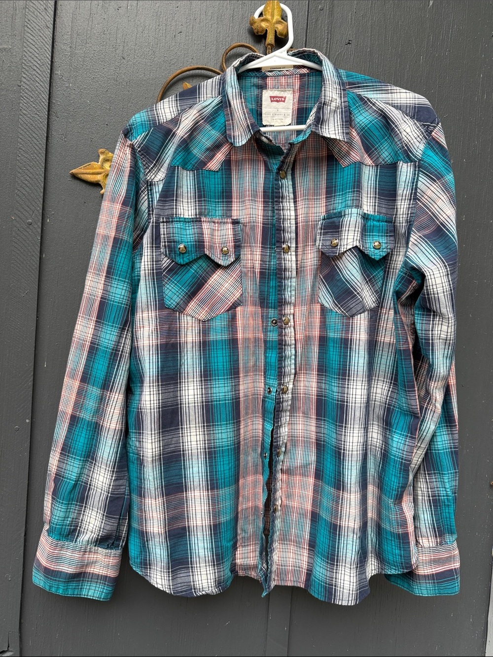 Levi's Teal Navy Coral Plaid Western Button-Up Shirt